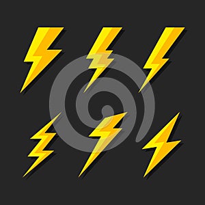 Thunder and Bolt Lighting Flash Icons Set. Flat Style on Dark Background. Vector