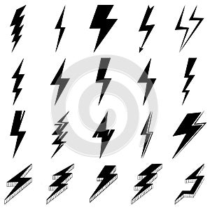 Thunder and Bolt Lighting Flash Icons Set. Flat Style on white Background. Vector