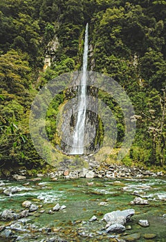Thunder Creek Falls in Mount Aspiring National Park, South Island, New Zealand
