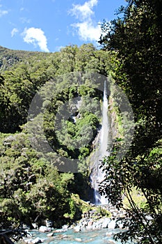 Thunder Creek Fall at Haast Pass on the West Coast of South Island