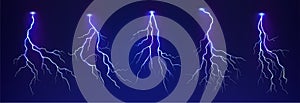 Thunder lighting. Electric storm strike, thunderbolt rays, blue light, spark and bolt in night sky. Realistic isolated