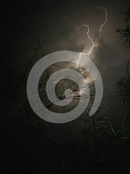 Thunder lighting and thunderstorm in clouds