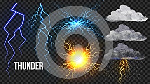 Thunder, Lightnigs Set Vector. Bolt, Night Sky Magic Bright Sparkle Effect. Fireball, Rain, Cloudy. Bad Weather