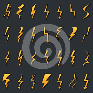Thunder lightning bolt pictogram icons set design elements vector illustration