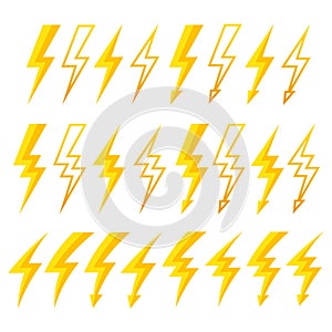 Thunder lightning bolt pictogram icons set design elements vector illustration for design concept electric