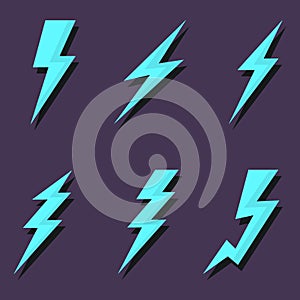 Thunder and lightning icons set. Various design options. Vector illustration on a dark background.