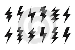 Thunder lightning web icons. Isolated bolt shapes in black color. Danger symbols, rainstorm. Set of volt vector signs