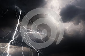 Thunder, lightnings and rain on stormy summer night photo