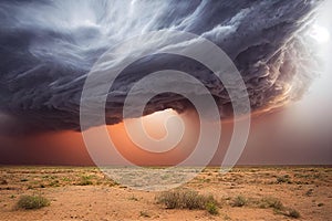 Thunder storm with lightening rages over desert dune natural disaster background. Intense electricity bolts emerging