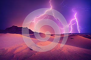 Thunder storm with lightening rages over desert dune natural disaster colorful neon background. Intense electricity