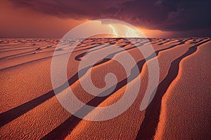 Thunder storm with lightening rages over rippled desert dune natural disaster background. Intense electricity bolts