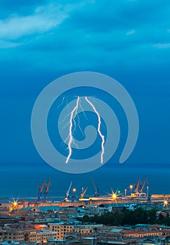 Thunder storm lightning strike on the sea  background at night