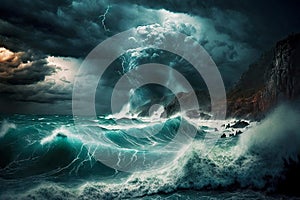thunder storm rages over sea or ocean natural disaster , made with generative ai