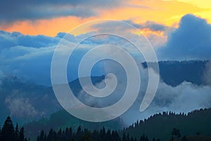 Thunder-storm and sunset in mountains. Caucasus. Georgia