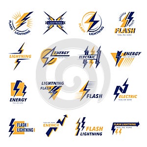 Thunderbolt logo. Power badges with force thunderbolts symbols recent vector electricity danger icons with text