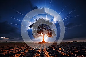 Thunderbolt Striking Over Solitary Tree in Field. Generative AI