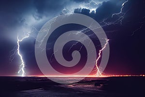 Thunderbolts all over the sky. natural phenomena. Weather forecast. AI-generated photo