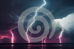 Thunderbolts on the water. natural phenomena. Weather forecast. AI-generated. AI-generated photo