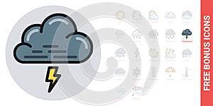 Thundercloud, storm cloud or thunderstorm icon for weather forecast application or widget. Cloud with lightning bolt
