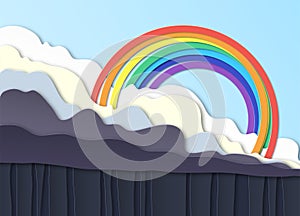 Thunderclouds. Rain on the ground, downpour. Above the clouds a rainbow in the blue sky. Layered design. Peper cut
