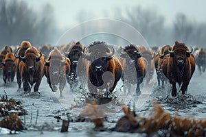 Thundering Bison Charge in Misty Expanse. Concept Wildlife Photography, Natural Habitat, Animal photo