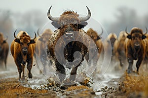 Concept Wildlife Photography, Animal Behavior, Nature Thundering Buffaloes in Muddy Terrain photo