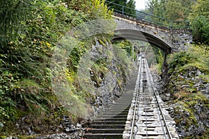 Thundering waters of Reichenbach nostalgig wooden Funicular wagon bern waterfall