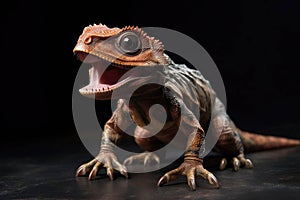 A thunderous baby Trex taking its first steps eyes blazing and teeth d.. AI generation
