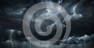 Thunderous dark sky with black clouds and flashing lightning. Panoramic view. Concept on the theme of weather, natural disasters,