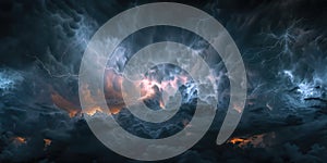 Thunderous dark sky with black clouds and flashing lightning. Panoramic view
