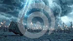 Thunderous Hammer with Lightning in a Dramatic Stormy Landscape