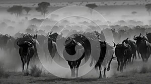 A thunderous herd of stampeding wildebeest charging across an open plain raising up dust behind them created with Generative AI