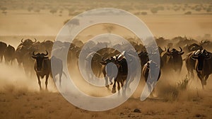 A thunderous herd of stampeding wildebeest charging across an open plain raising up dust behind them created with Generative AI