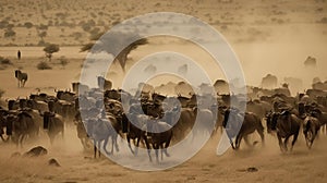 A thunderous herd of stampeding wildebeest charging across an open plain raising up dust behind them created with Generative AI