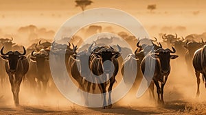 A thunderous herd of stampeding wildebeest charging across an open plain raising up dust behind them created with Generative AI