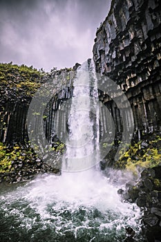 Thunderous masses of water cascade down the Skaftafell waterfall along gray basalt columns.