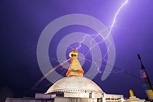 A thunderstorm above Bouddnath stupa. Lightning discharge strike are visible