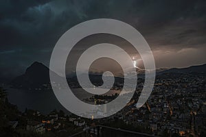 Thunderstorm with heavy lightning in Lugano, Switzerland