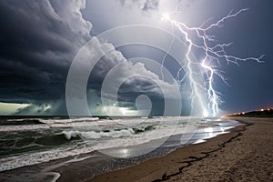 Thunderstorm and lightning on the beach