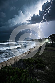 Thunderstorm and lightning on the beach