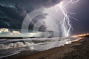 Thunderstorm and Lightning on the Beach at Night