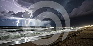 Thunderstorm and Lightning on the Beach at Night