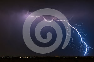 Thunderstorm lightning bolt strike and dark sky background