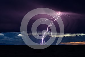 Thunderstorm lightning bolt strike at night