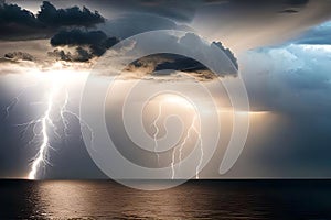 Thunderstorm with lightning bolt strikes over the water