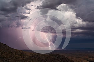 Thunderstorm lightning bolt strikes with storm clouds