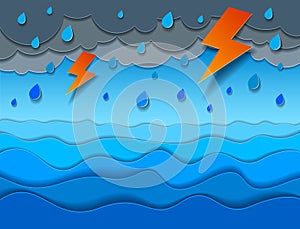 Thunderstorm with lightning over the sea with curvy waves rainy weather.