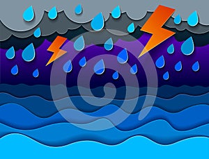 Thunderstorm with lightning over the sea with curvy waves rainy weather, perfect modern vector illustration
