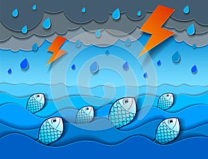 Thunderstorm with lightning over the sea and funny cartoon fishes looking up with curvy waves rainy weather, perfect modern vector