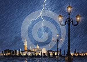 Thunderstorm with lightning in the sky in Venice